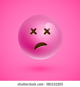 Pink realistic emoticon smiley face, vector illustration