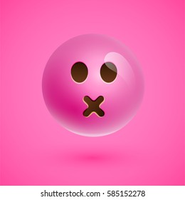 Pink realistic emoticon smiley face, vector illustration