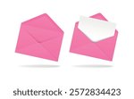 Pink realistic envelope in different positions. Folded and unfolded envelope backpack isolated