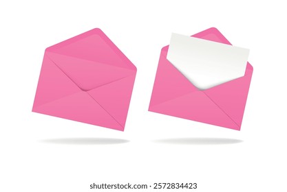 Pink realistic envelope in different positions. Folded and unfolded envelope backpack isolated