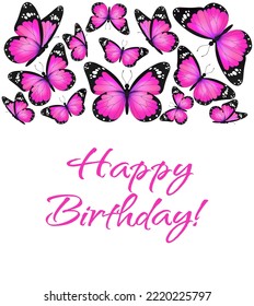 Pink realistic flying monarch butterfly on a white background. Happy Birthday banner template. Vector illustration. Decorative print design. Colorful fairy wings.