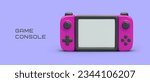 Pink realistic game console with blank screen. Vector advertising template with text. Fun time. Classic personal gaming gadget. Pocket device for video games