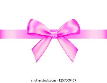 Pink  realistic gift bow with horizontal  ribbon isolated on white background. Vector holiday design element  for banner, greeting card, poster.