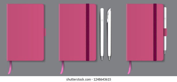 Pink realistic hard cover notebook with red bookmark, ribbon and pen. Vector illustration.