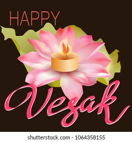 Pink realistic lotus with text on a dark background. Vector illustration.