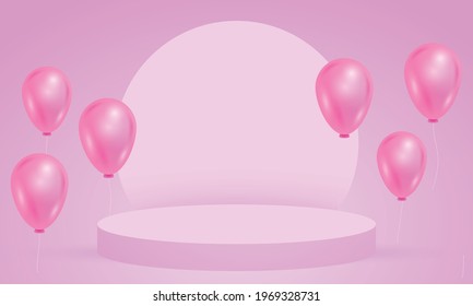 pink realistic podium with balloons empty background good for product showcase