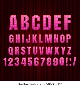 Pink Realistic retro gold lamp font letters. Broadway style light bulb alphabet in vintage casino and slots style.  Vector shine symbols with light and sparkles on curtains background show style