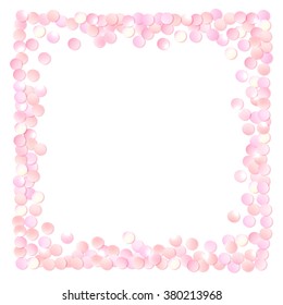 Pink realistic round confetti frame, design template for gift, certificate, voucher, AD brochure and so. Colorful vector illustration isolated on white.