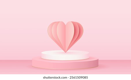 Pink realistic round podium with 3D paper heart. Valentine's Day. Decorative paper heart.