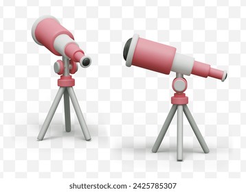 Pink realistic telescope on tripod. Device for astronomical observations