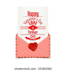 Pink realistic vector envelope with wax seal in heart shape with love message, Valentine illustration