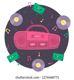 Pink recorder on the circle with music cassettes and vinyl records. Vivid colors. Great design element for music festival, poster, t-shirt. 