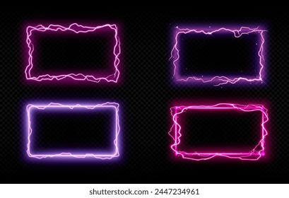 Pink rectangle lightning frame. Electric thunder energy glow. neon magic effect with plasma shock power on transparent background. Thunderbolt shock wave flare element with violet electro sparkle.