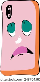 Pink rectangle with a sad face and two eyes, featuring a white spot and orange border. Suitable for emoticon design.