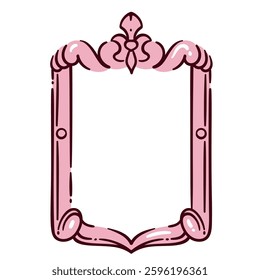 Pink rectangular frame for painting and mirror. Vintage carved photo border of rectangle shape. Antique, art gallery mascot, frame with ornament cartoon vector illustration