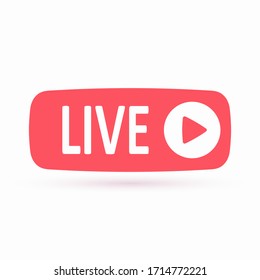 Pink rectangular Live button. Streaming icon in a flat style. Play button isolated on a white background. Vector illustration