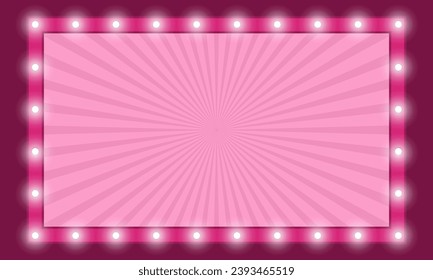 Marco retro rectangular rosado con lámparas brillantes. Ilustración vectorial con luces brillantes de estilo vintage. Señalizador de retroalimentación de vectores, caja de luz. Banner ligero, carteles publicitarios brillantes vintage