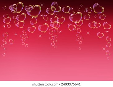 Pink rectangular Valentine's background with shiny soap rainbow hearts, vector illustration