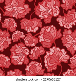 Pink, Red artistic floral vector seamless pattern. Simplistic hand drawn flowers. Abstract blooms on dark background. Minimal stylized print.
