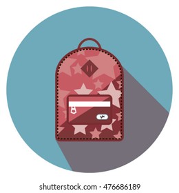 PInk and red backpack with star pattern. Flat icon on the blue background
