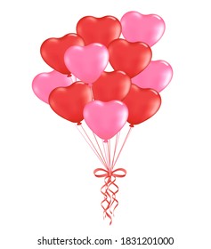 Globos rosas y rojos en forma de corazón. Pintura vectorial para el Día de San Valentín y bodas