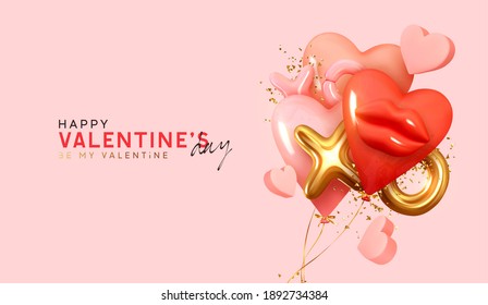 Pink and Red balloons in shape of hearts, gold metal text XO XO. Valentine's Day Background. Realistic design with romantic decorative objects in 3d. Bright holiday composition. Vector illustration