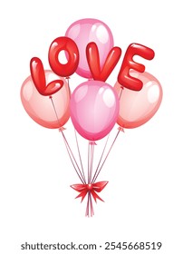 Pink and red balloons spelling "LOVE" with a tied ribbon, perfect for romantic celebrations. Vector cartoon illustration