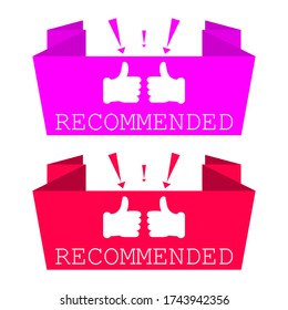 Pink and red banner recommended with thumb up and exclamation points. Vector illustration on white background.