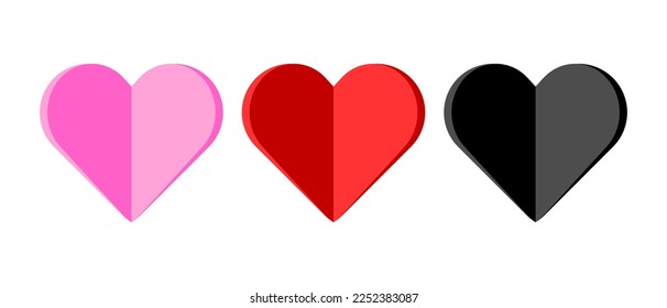 Pink, red and black folded paper hearts. Decoration or clipart for Valentine's Day. Vector illustration isolated on white background.