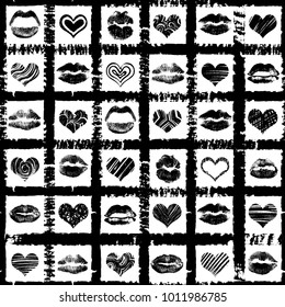 Pink red and black hearts and lips seamless pattern on stripped background. Grunge endless line prints wrapping paper. Kiss day, Valentine's background, Love fashion. Vector.