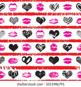 Pink red and black hearts and lips seamless pattern on stripped background. Grunge endless line prints wrapping paper. Kiss day, Valentine's background, Love fashion. Vector.