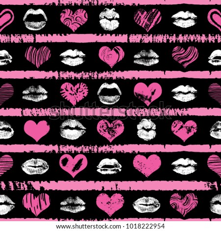 Pink red and black hearts and lips seamless pattern on stripped background. Grunge endless line prints wrapping paper. Kiss day, Valentine's background, Love fashion. Vector.