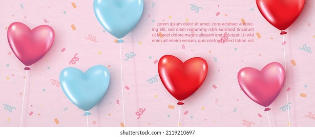 Pink, red and blue balloon in glossy heart shape and 3d style with example texts on party ribbons pattern and pink banner background.