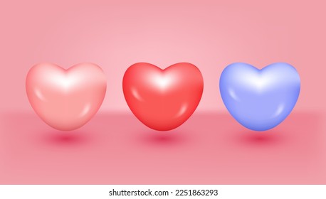 Pink, red and blue hearts. Love heart symbol icon realistic 3d design. Vector illustration