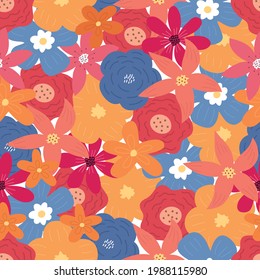 Pink, red, blue, yellow, orange flowers. Seamless pattern for background, fabric printing, wrapping paper, phone case, wallpaper. Vector summer illustration