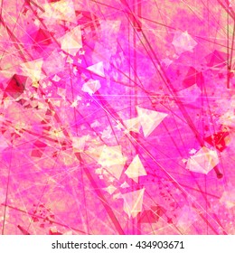 Pink and red. Blur effect and watercolors. Triangular elements, crystals, thin straight lines, scratches, streaks, spots. Randomly mixed. Abstract seamless vector background