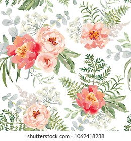 Pink and red bouquets on the white background. Vector seamless pattern with garden flowers. Peony, rose, fern and green leaves. Romantic illustration.