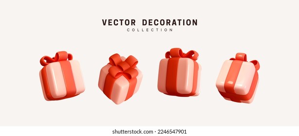 Rosa con caja de regalo de arco rojo de diferentes ángulos. Juego de realistas cajas de regalos 3d. La decoración de vacaciones es un regalo. Sorpresa de regalo festivo. Decoración Cajas aisladas. Ilustración del vector