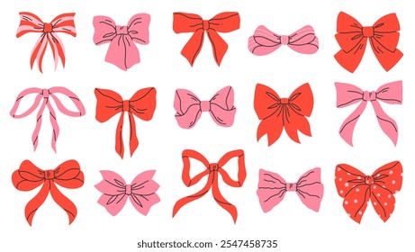 Conjunto de Vector de arcos rosas y rojos. Clipart arcos aislados sobre un fondo blanco. Ilustración plana de Vector.