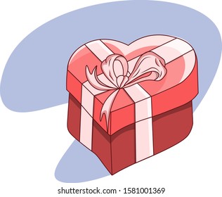 Pink and red box in the form of a heart. Gift with a ribbon. Boxes gifts for holidays: New Year, birthday, Valentine Day. Romantic gift. Heart colorful isometric gift box with ribbons.