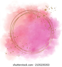 Pink and red brush stroke watercolor with gold glitter and golden circle frames.