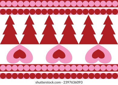 pink and red christmas vector illustration There is a Christmas tree, a circle and a heart.