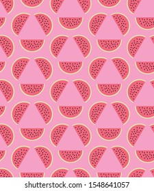 Pink red color watermelon vector repeat pattern design Great for summer time modern fabric, wallpaper, backgrounds, invitations, packaging design projects Surface pattern design