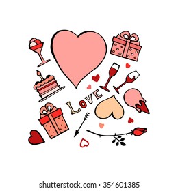 Pink and red colored st valentines day love set, fourteen hand drawn vector elements