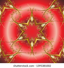 Pink and red colors with gold elements. Oriental style arabesques. Vector illustration. Seamless golden textured curls. Vector golden pattern.