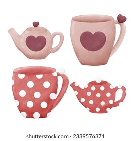 Pink and red cups and tea pots for tea party