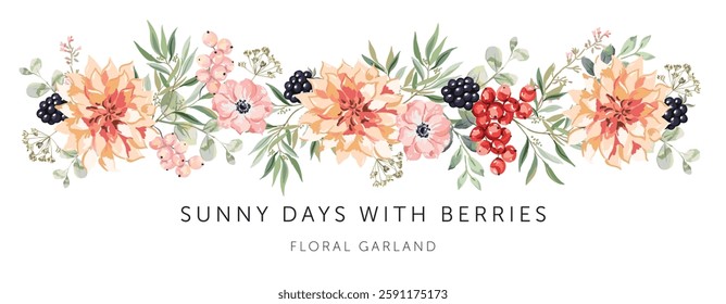 Pink and red currant berries, dahlia flowers, ranunculus, blackberries, green leaves, white background. Garland template with text. Vector illustration. Floral banner. Summer border design 