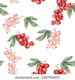 Pink and red currant berries, green leaves, white background. Vector illustration. Seamless pattern. Summer design. Nature garden