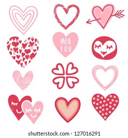 pink red different heart designs on white background romantic doodle set