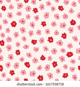 Pink and Red Ditsy Allover Artistic Floral Vector Seamless Pattern. Simplistic Small Hand Drawn Daisies, Naive Blob Abstract Blooms on Cream Background. Minimal Stylized Flowers Print.